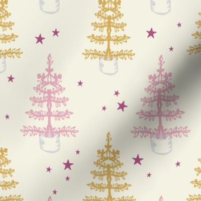 Christmas Trees Pink and Gold under Festive Holiday Stars on Cream