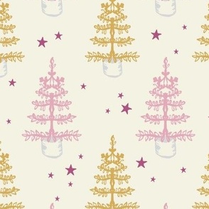 Christmas Trees Pink and Gold under Festive Holiday Stars on Cream