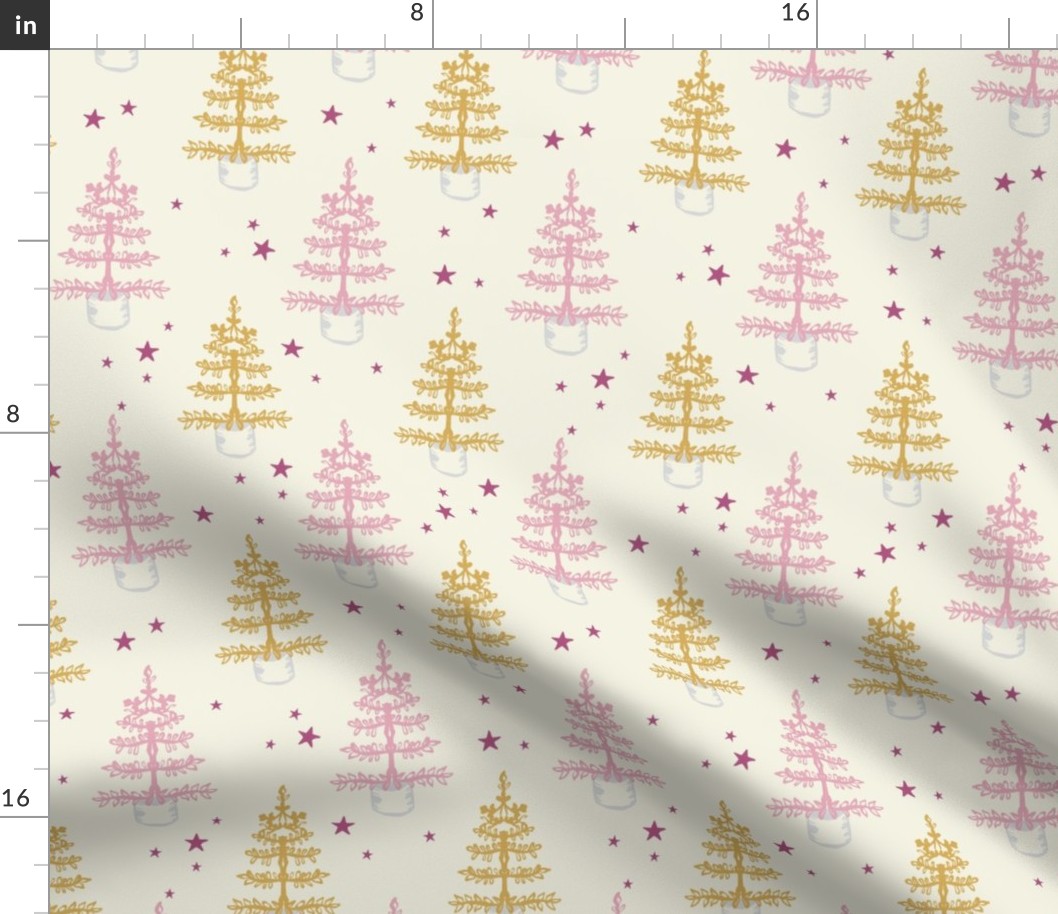 Christmas Trees Pink and Gold under Festive Holiday Stars on Cream