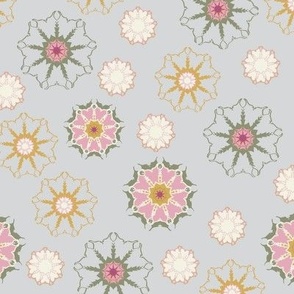 Winter Snowflakes in Pink , Green, and Gold on Blue Gray 