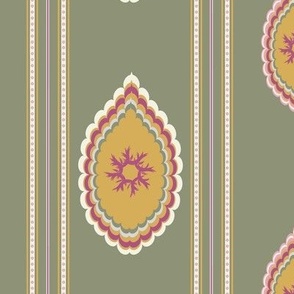 Snowflake Medallions in Gold, Pink, Fuchsia, Cream with Stripes on Green