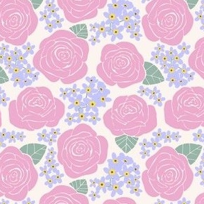 Rococo Pastel Roses and Forget-Me-Nots in Pink, Green, And Lilac on White