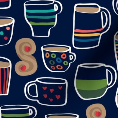 Colorful Whimsical Cups and Mugs Hand Drawn Hot Chocolate with Marshmallows and Cookies Navy Blue Ground Large Scale