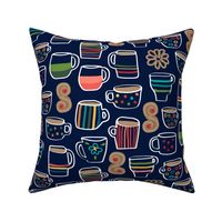 Colorful Whimsical Cups and Mugs Hand Drawn Hot Chocolate with Marshmallows and Cookies Navy Blue Ground Large Scale