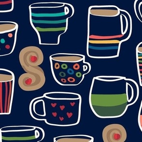 Colorful Whimsical Cups and Mugs Hand Drawn Hot Chocolate with Marshmallows and Cookies Navy Blue Ground Large Scale