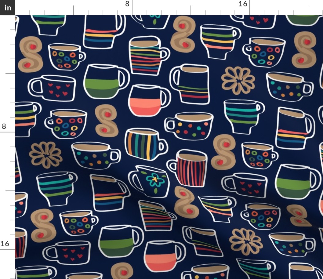 Colorful Whimsical Cups and Mugs Hand Drawn Hot Chocolate with Marshmallows and Cookies Navy Blue Ground Large Scale