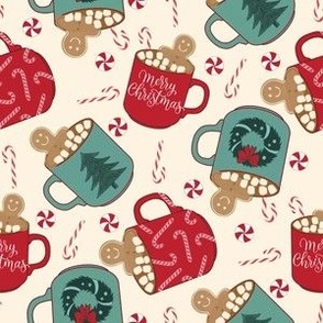 MEDIUM hot cocoa christmas fabric - gingerbread hot chocolate design - cream