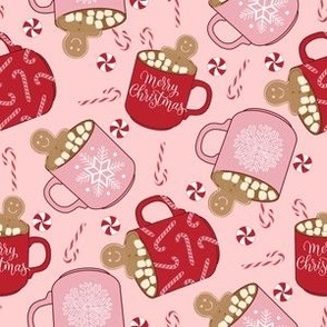 MEDIUM hot cocoa christmas fabric - gingerbread hot chocolate design - pink