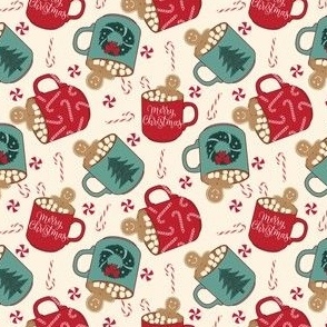 SMALL hot cocoa christmas fabric - gingerbread hot chocolate design - cream