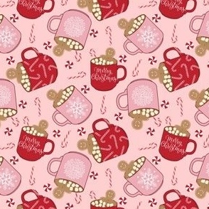 SMALL  hot cocoa christmas fabric - gingerbread hot chocolate design - pink