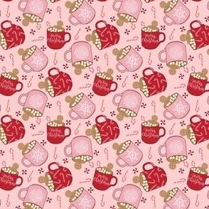 TINY hot cocoa christmas fabric - gingerbread hot chocolate design - pink