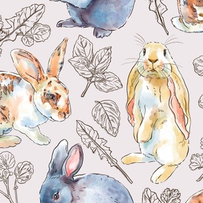 Rabbits and Herbal Treats on Dusty Lilac, Large Scale