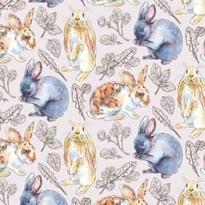 Rabbits and Herbs on Dusty Pink, Small Scale