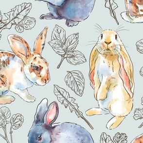 Rabbits and Herbal Treats on Dusty Blue, Large Scale