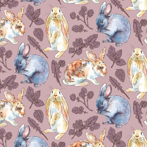 Rabbits and Herbs on Dusty Mauve, Small Scale