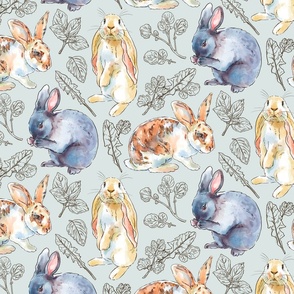 Rabbits and Herbs on Dove Gray, Small Scale