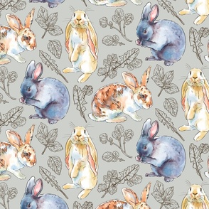 Rabbits and Herbs on Grey Green, Small Scale