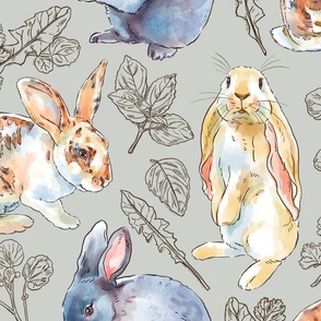 Rabbits and Herbal Treats on Gray Green, Large Scale