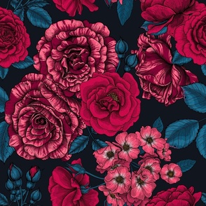 Pink, red and bi-color roses with blue leaves on black, normal size