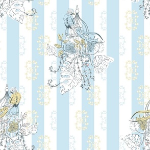 Victorian Bird Cage with tropical florals with stripes  in pastel colors 