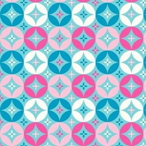Bright linked circles and flowers Pink blue teal by Jac Slade