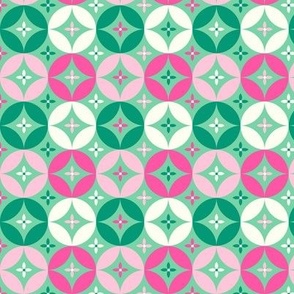 Bright linked circles and flowers Pink green by Jac Slade