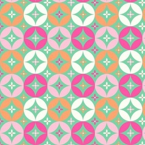 Bright linked circles and flowers Pink orange green by Jac Slade