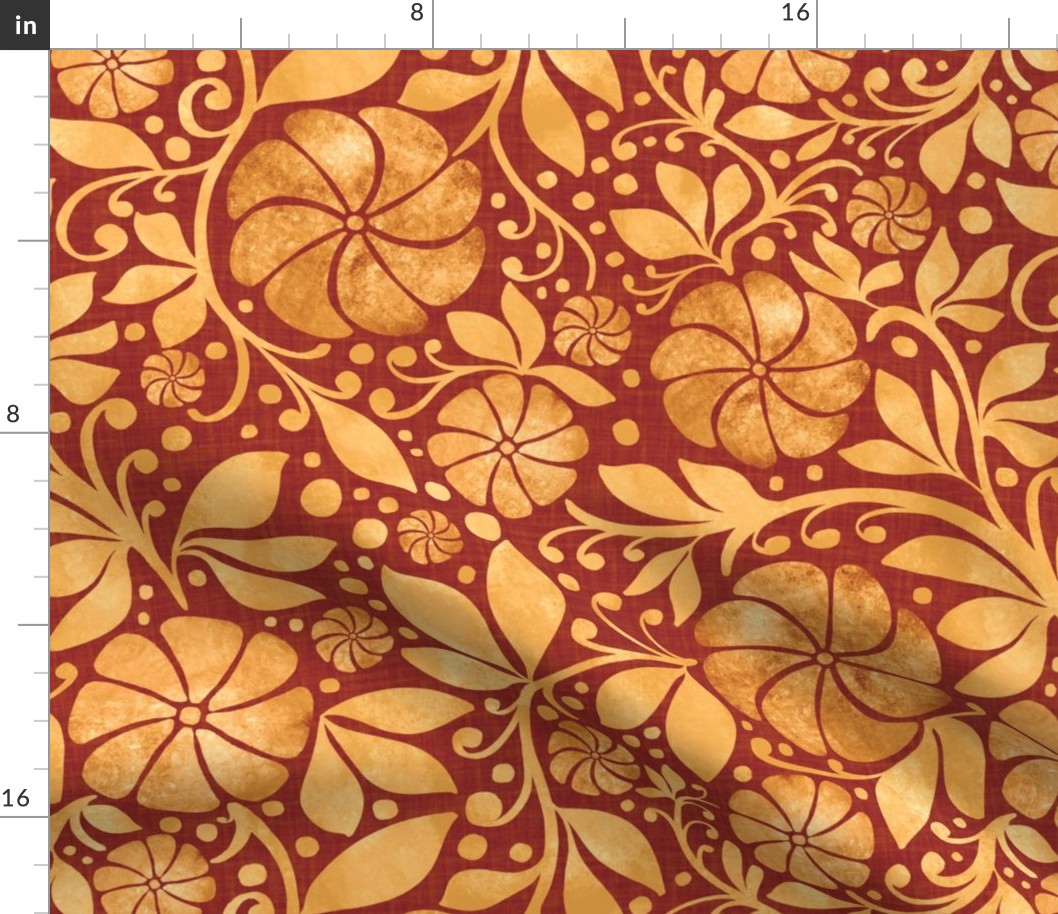 pinwheel florals gold on red - victorian style