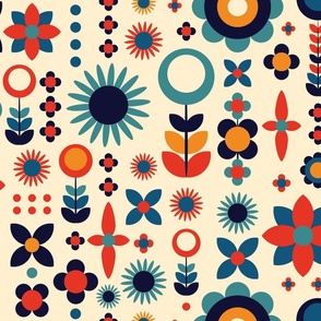 Large Scale Retro Bold Geometric Flowers in Navy Red Orange