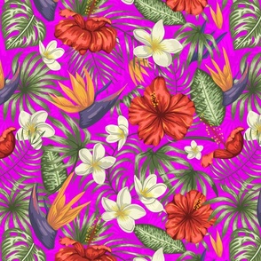 Orchid Pink and Red Hawaiian Birds of Paradise and Plumeria