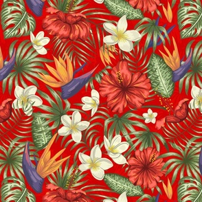 Ruby Red Hawaiian Tropical Rainforest Birds Plumeria