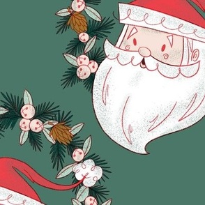 Midcentury Santa Wreath Pattern on Green - Large