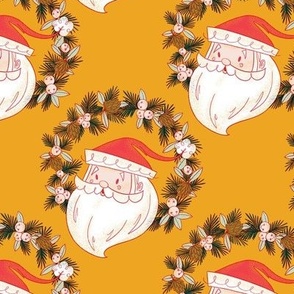 Midcentury Santa Wreath Pattern on Yellow - Medium