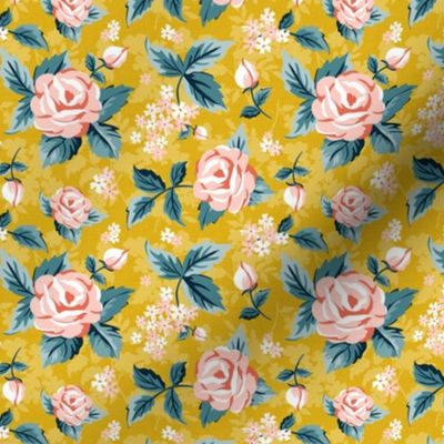 Romantic Roses - Vintage Floral Yellow Pink Small Scale