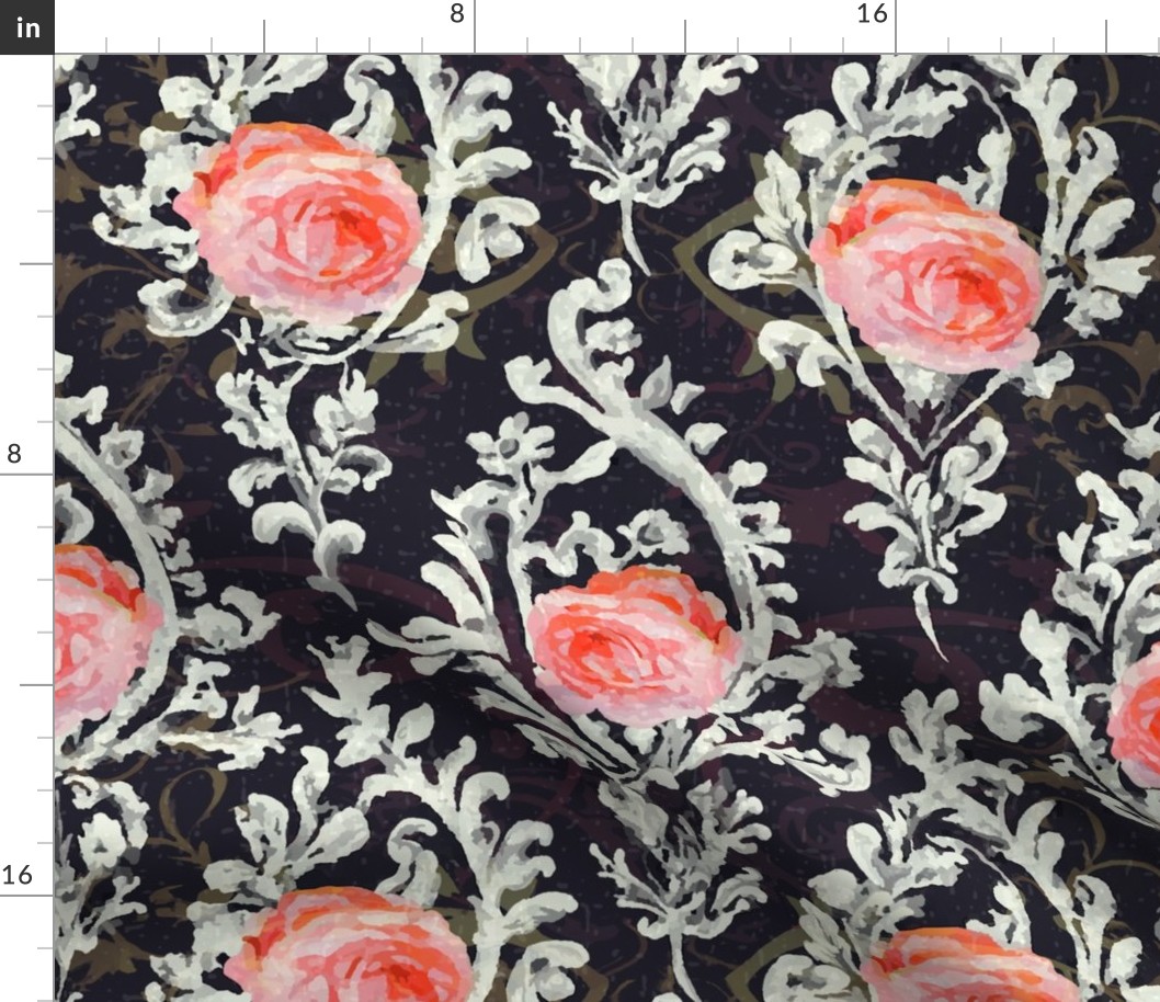 Victorian Rose Damask With Scrolls
