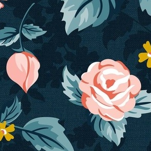 Romantic Roses - Vintage Floral Navy Blue Pink Large Scale