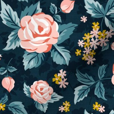 Romantic Roses - Vintage Floral Navy Blue Pink Regular Scale