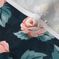 Romantic Roses - Vintage Floral Navy Blue Pink Regular Scale