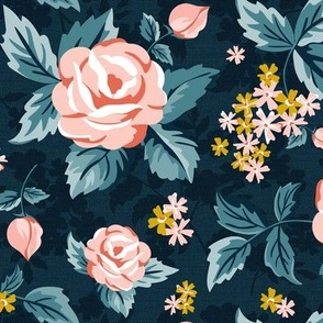 Romantic Roses - Vintage Floral Navy Blue Pink Regular Scale