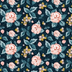Romantic Roses - Vintage Floral Navy Blue Pink Small Scale