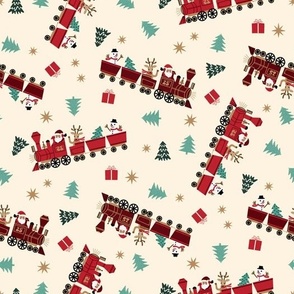 LARGE christmas train fabric - cute santa train railroad design