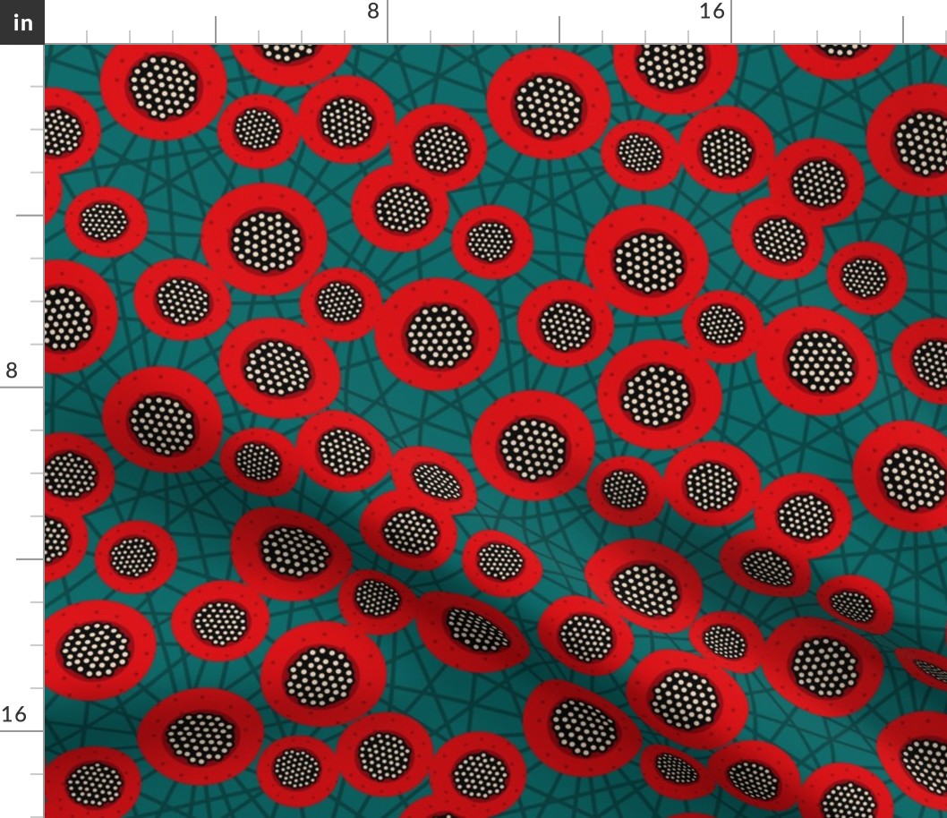 Stylized red flowers on deep teal (M)