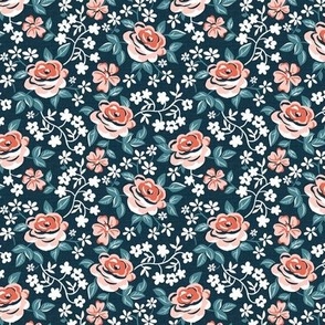 English Garden - Vintage Floral Navy Blue Pink Small Scale