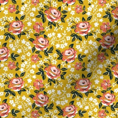 English Garden - Vintage Floral Yellow Red Small Scale