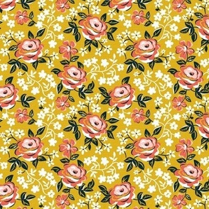 English Garden - Vintage Floral Yellow Red Small Scale