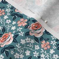 English Garden - Vintage Floral Teal Blue Pink Small Scale