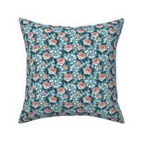 English Garden - Vintage Floral Teal Blue Pink Small Scale