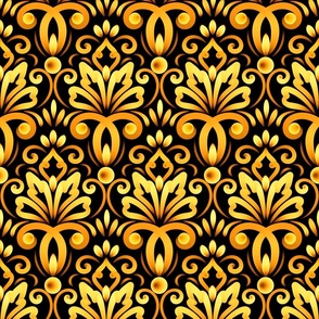 Ornamental Damask Victorian Floral Pattern - Autumn Mood - Bright Golden Yellow Orange Brown on Black - Bogemian Modern Soft  Royal Art Deco Antique Ornament - Botanical Petal Vintage Motive - Middle