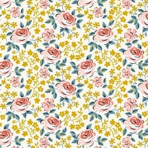 English Garden - Vintage Floral Ivory Pink Yellow Small Scale