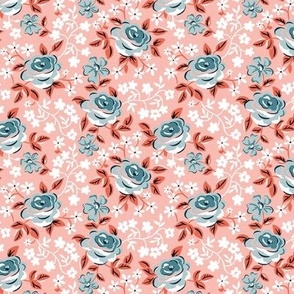 English Garden - Vintage Floral Pink Blue Small Scale